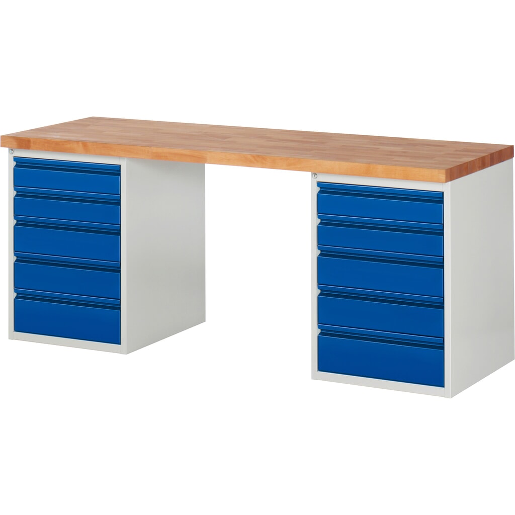 Pracovní stůl Steinbock® se 2x 5 zásuvkami, V׊×H 840 × 1500 × 700 mm, RAL 7035/5010 Číslo obrázku produktu 1: Pracovní stůl Steinbock® se 2x 5 zásuvkami, V׊×H 840 × 1500 × 700 mm, RAL 7035/5010