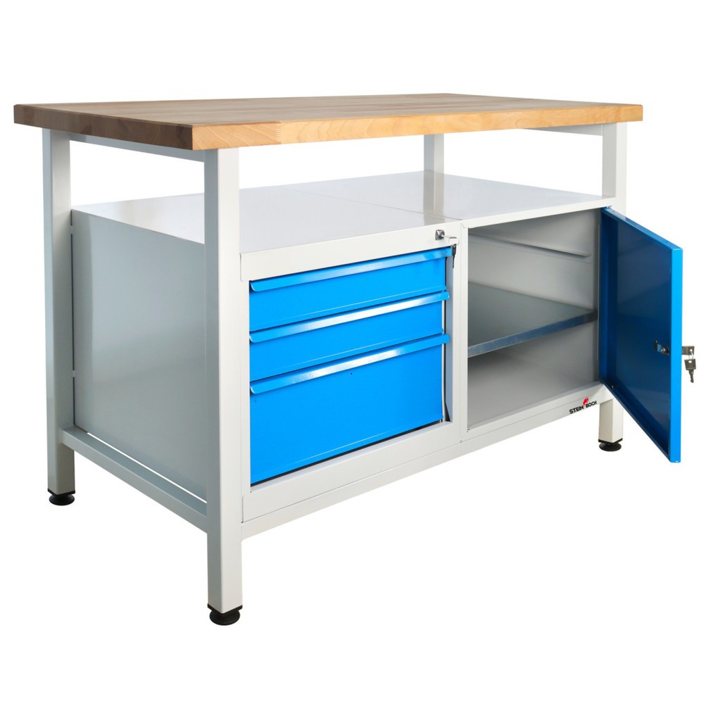 Číslo obrázku produktu 5: Pracovní stůl Steinbock® Premium, 1 odkládací plocha, 3 zásuvky, 1 dvířka, nosnost 300 kg, V×Š×H 840 × 1200 × 600 mm, RAL 7035/5012