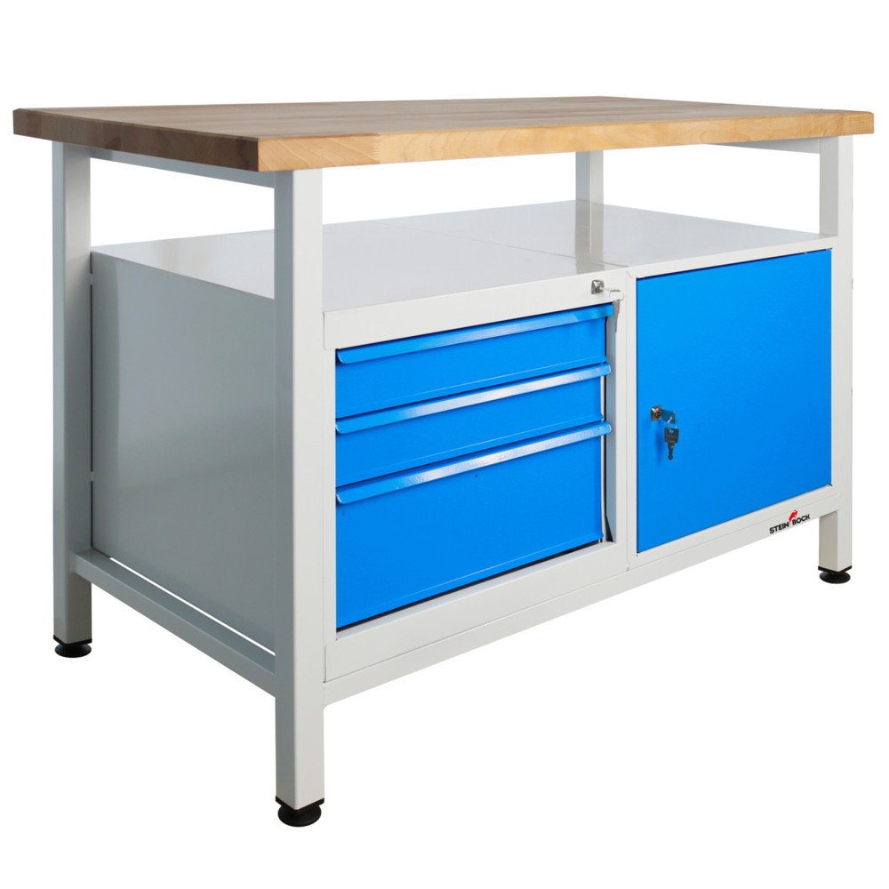 Číslo obrázku produktu 1: Pracovní stůl Steinbock® Premium, 1 odkládací plocha, 3 zásuvky, 1 dvířka, nosnost 300 kg, V×Š×H 840 × 1200 × 600 mm, RAL 7035/5012