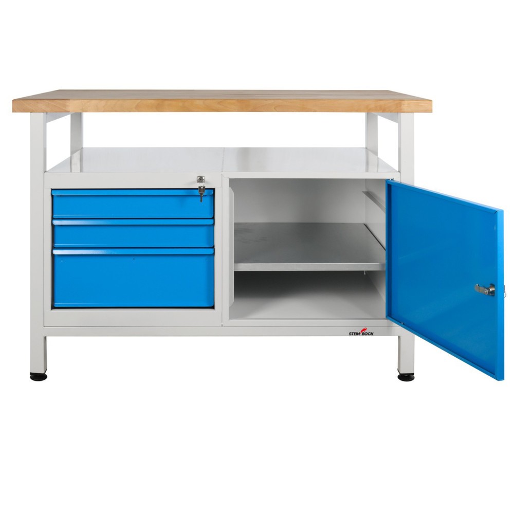 Číslo obrázku produktu 6: Pracovní stůl Steinbock® Premium, 1 odkládací plocha, 3 zásuvky, 1 dvířka, nosnost 300 kg, V×Š×H 840 × 1200 × 600 mm, RAL 7035/5012