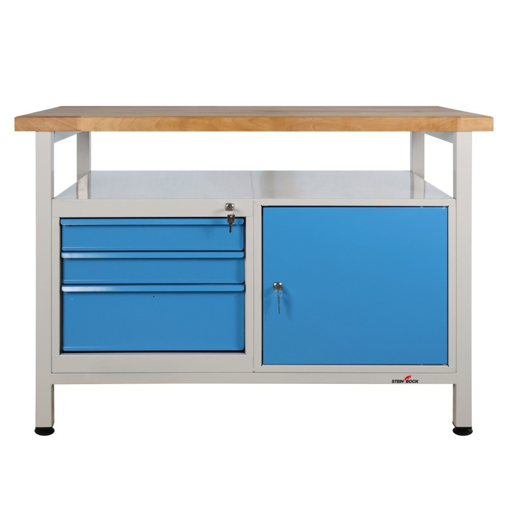 Číslo obrázku produktu 7: Pracovní stůl Steinbock® Premium, 1 odkládací plocha, 3 zásuvky, 1 dvířka, nosnost 300 kg, V×Š×H 840 × 1200 × 600 mm, RAL 7035/5012