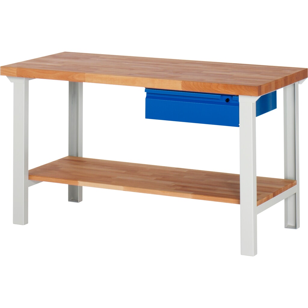 Pracovní stůl Steinbock®, se zásuvkou a odkládací policí, V׊×H 840 × 1500 × 700 mm, RAL 7035/5010 Obrázek produktu: Pracovní stůl Steinbock®, se zásuvkou a odkládací policí, V׊×H 840 × 1500 × 700 mm, RAL 7035/5010