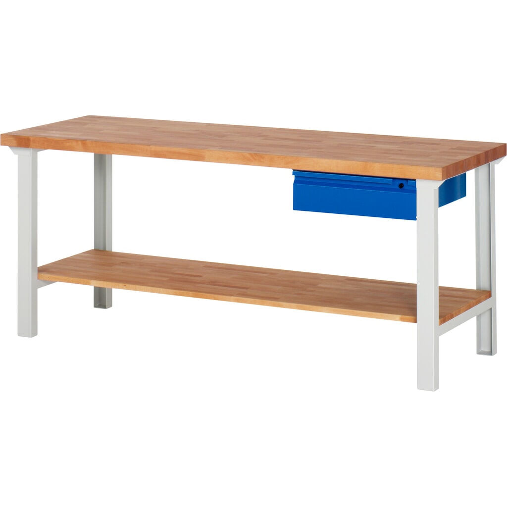 Pracovní stůl Steinbock®, se zásuvkou a odkládací policí, V׊×H 840 × 2000 × 700 mm, RAL 7035/5010 Obrázek produktu: Pracovní stůl Steinbock®, se zásuvkou a odkládací policí, V׊×H 840 × 2000 × 700 mm, RAL 7035/5010