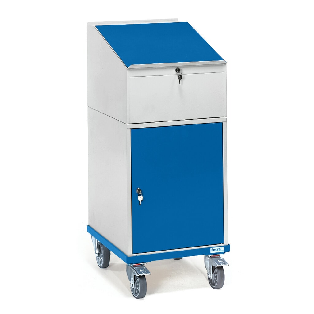 Pojízdný pult fetra® se skříňkou s křídlovými dvířky, ŠxH 550 x 650 mm Obrázek produktu: Pojízdný pult fetra® se skříňkou s křídlovými dvířky, ŠxH 550 x 650 mm