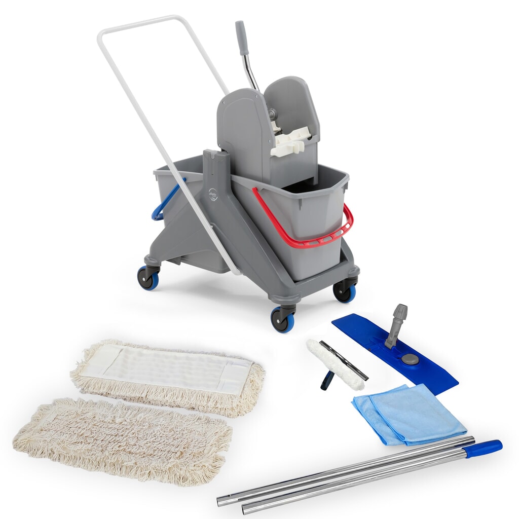 Obrázek produktu: Steinbock® profesionální sada čisticího vozíku, dvojitý pojízdný kbelík 2× 15 l, 5× bavlněný mop 500 mm, 2dílná chromovaná rukojeť, skládací držák, 2× utěrka z mikrovlákna a kombinovaná stěrka na okna