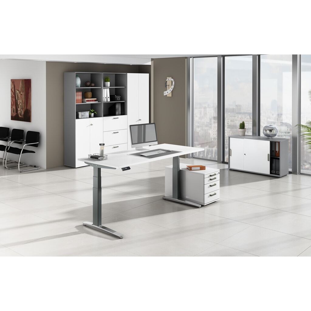 Elektricky výškově nastavitelný psací stůl Hammerbacher se spínačem memory, noha ve tvaru C, Š x H 1600 x 800 mm, šedá Číslo obrázku produktu 6: Elektricky výškově nastavitelný psací stůl Hammerbacher se spínačem memory, noha ve tvaru C, Š x H 1600 x 800 mm, šedá