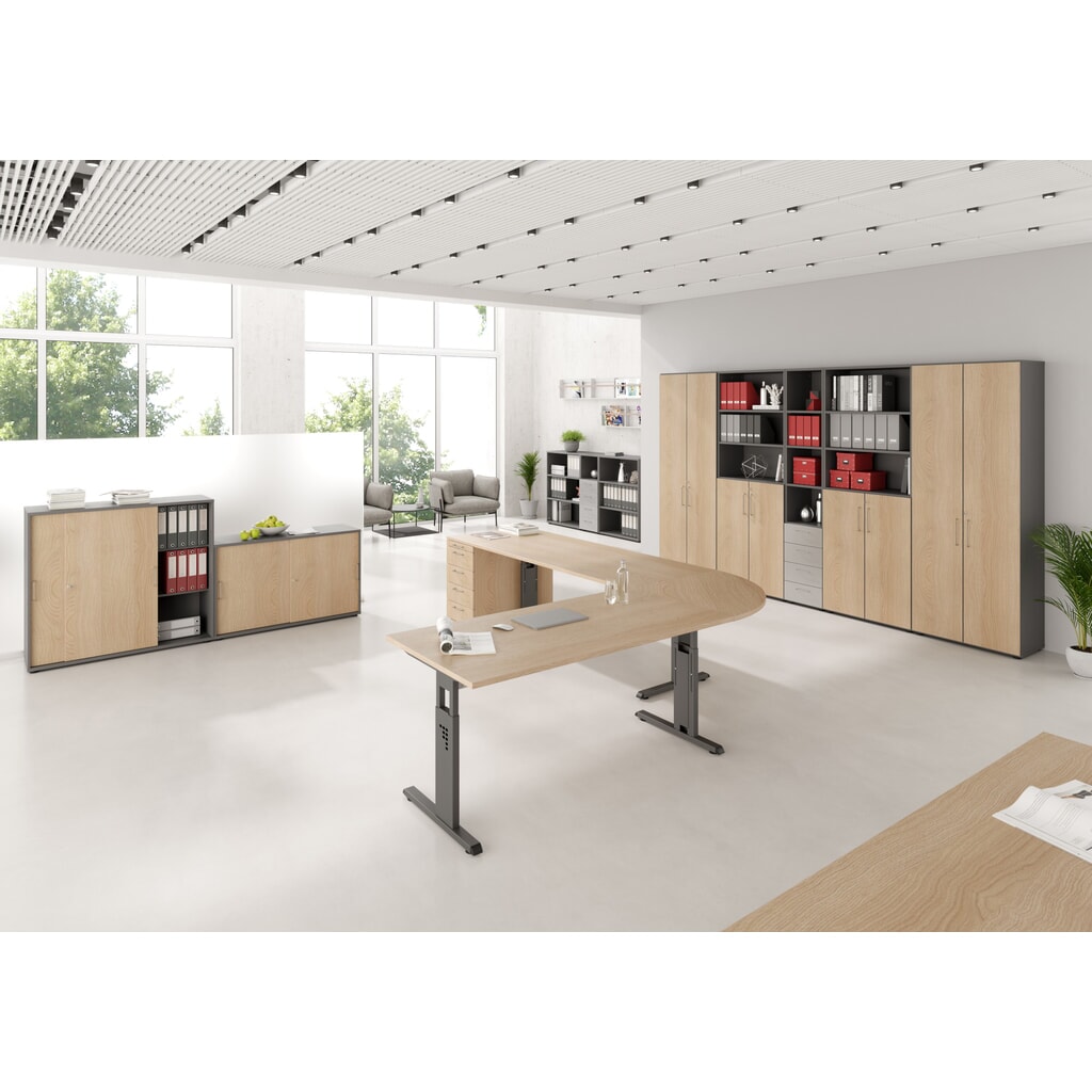 Číslo obrázku produktu 2: Ručně výškově nastavitelný psací stůl Hammerbacher Solid, noha ve tvaru C, Š x H 1600 x 800 mm, javor