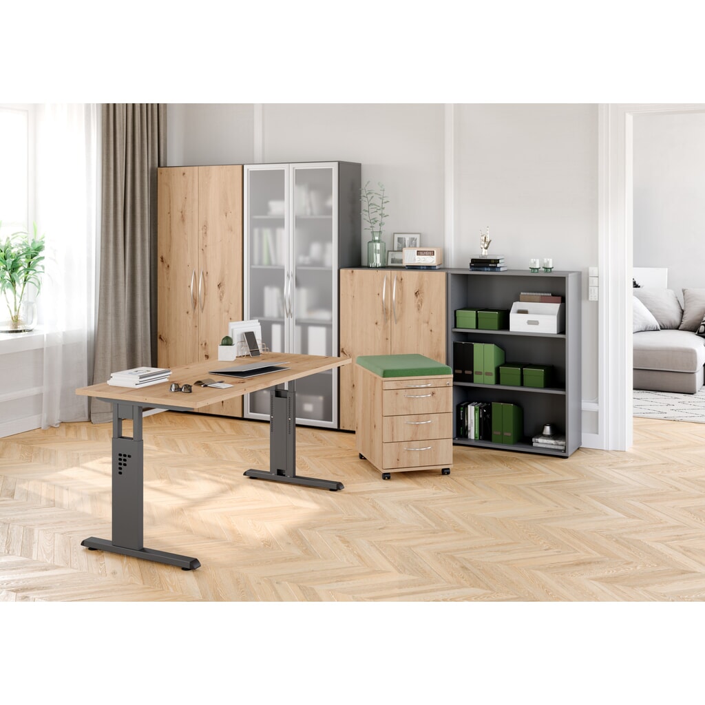 Ručně výškově nastavitelný psací stůl Hammerbacher Solid, noha ve tvaru C, Š x H 1600 x 800 mm, javor Číslo obrázku produktu 7: Ručně výškově nastavitelný psací stůl Hammerbacher Solid, noha ve tvaru C, Š x H 1600 x 800 mm, javor