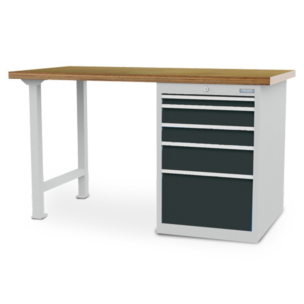 Obrázek produktu: Řadový pracovní stůl Bedrunka+Hirth R 18-24, VxŠxH 859 x 1500 x 750 mm, světle šedá, antracitová šedá, 5 ks zásuvka 1x50 + 2x100 + 1x150 + 1x300 mm