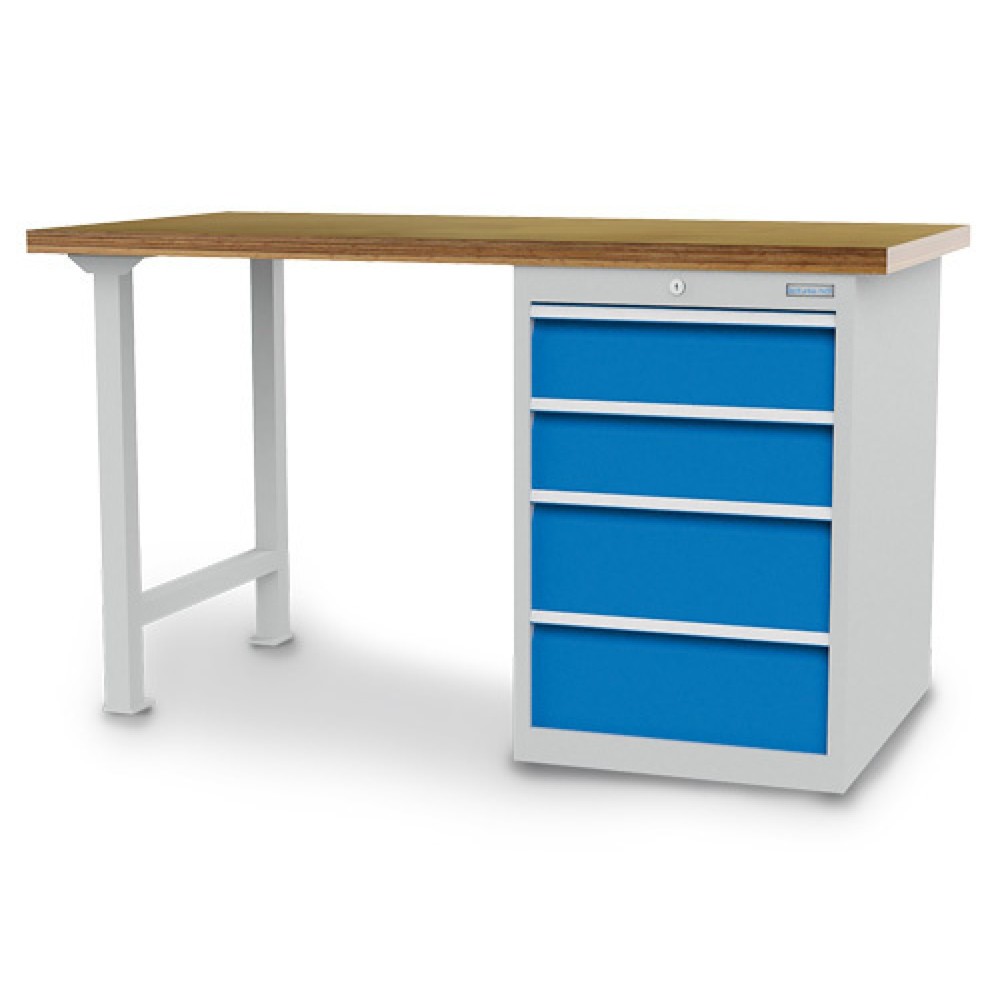 Obrázek produktu: Řadový pracovní stůl Bedrunka+Hirth R 18-24, VxŠxH 859 x 1500 x 750 mm, světle šedá, světle modrá, 4 ks zásuvka 2x150 + 2x200 mm