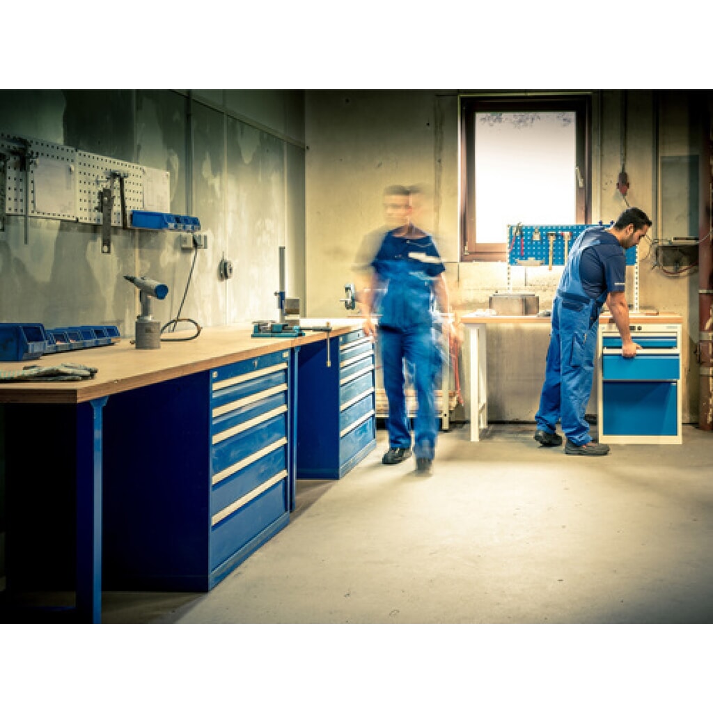 Číslo obrázku produktu 6: Řadový pracovní stůl Bedrunka+Hirth R 18-24, VxŠxH 859 x 1500 x 750 mm, světle šedá, antracitová šedá, 5 ks zásuvka 1x75 + 1x125 + 2x150 + 1x200 mm