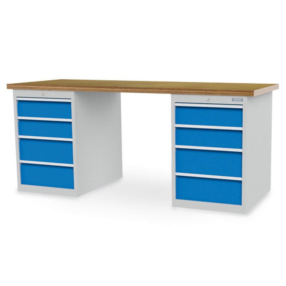 Obrázek produktu: Řadový pracovní stůl Bedrunka+Hirth R 18-24, VxŠxH 859 x 2000 x 750 mm, světle šedá, světle modrá, 8 ks zásuvka 4x150 + 4x200 mm, šířka zásuvky 450 mm