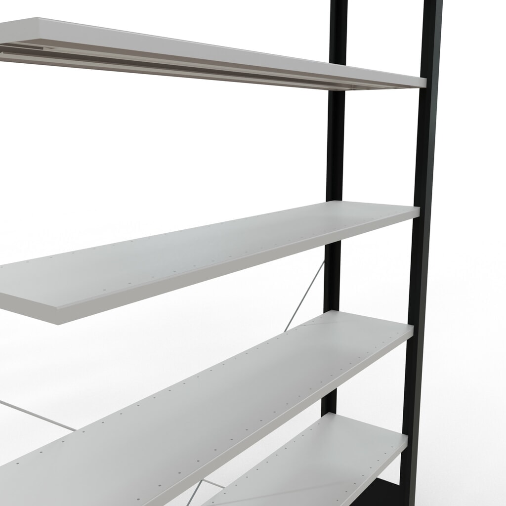 Regál na spisy SCHULTE přídavné pole, jednostranný, bez koncových dorazů, nosnost police 85 kg, černá, VxŠxH 2300 x 1300 x 300 mm Číslo obrázku produktu 4: Regál na spisy SCHULTE přídavné pole, jednostranný, bez koncových dorazů, nosnost police 85 kg, černá, VxŠxH 2300 x 1300 x 300 mm