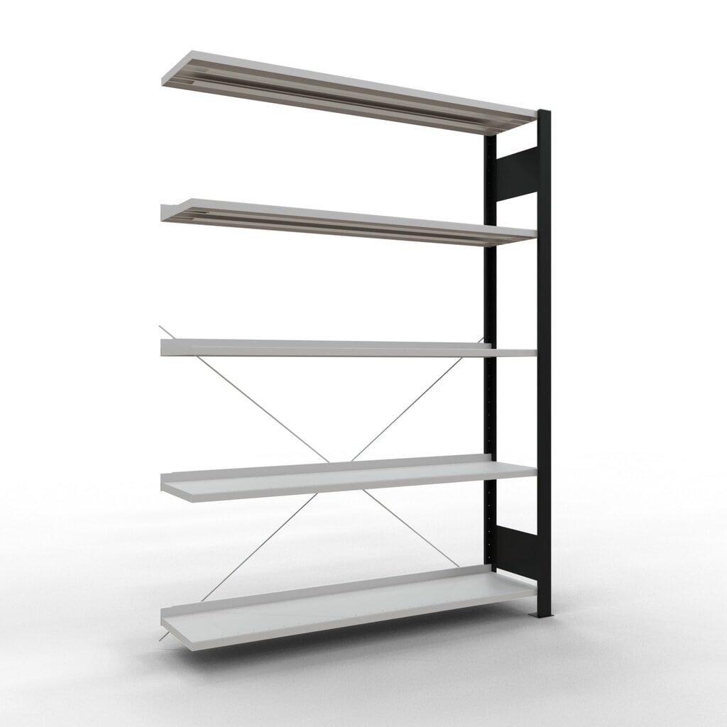 Regál na spisy SCHULTE přídavné pole, jednostranný, s koncovými dorazy, nosnost police 85 kg, černá, VxŠxH 1800 x 1300 x 300 mm Obrázek produktu: Regál na spisy SCHULTE přídavné pole, jednostranný, s koncovými dorazy, nosnost police 85 kg, černá, VxŠxH 1800 x 1300 x 300 mm