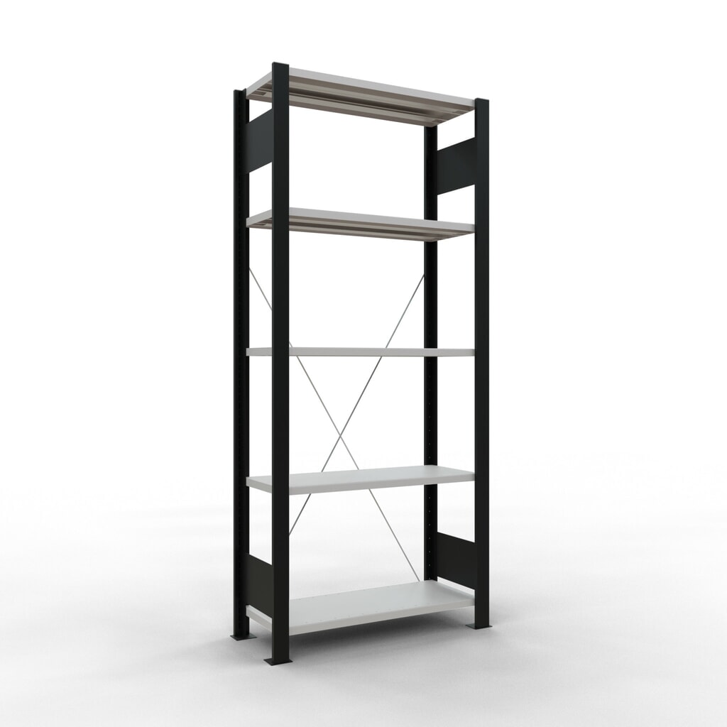 Regál na spisy SCHULTE základní pole, jednostranný, bez koncových dorazů, nosnost police 85 kg, černá, VxŠxH 1800 x 750 x 300 mm Obrázek produktu: Regál na spisy SCHULTE základní pole, jednostranný, bez koncových dorazů, nosnost police 85 kg, černá, VxŠxH 1800 x 750 x 300 mm