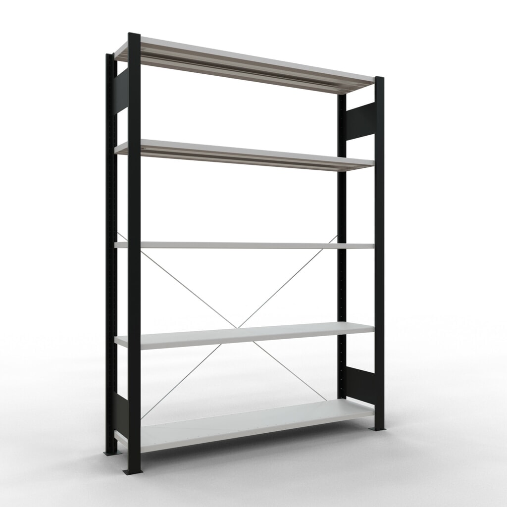 Obrázek produktu: Regál na spisy SCHULTE základní pole, jednostranný, bez koncových dorazů, nosnost police 85 kg, černá, VxŠxH 1800 x 1300 x 300 mm