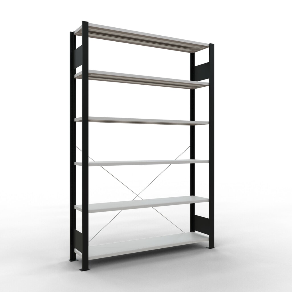 Regál na spisy SCHULTE základní pole, jednostranný, bez koncových dorazů, nosnost police 85 kg, černá, VxŠxH 2000 x 1300 x 300 mm Obrázek produktu: Regál na spisy SCHULTE základní pole, jednostranný, bez koncových dorazů, nosnost police 85 kg, černá, VxŠxH 2000 x 1300 x 300 mm