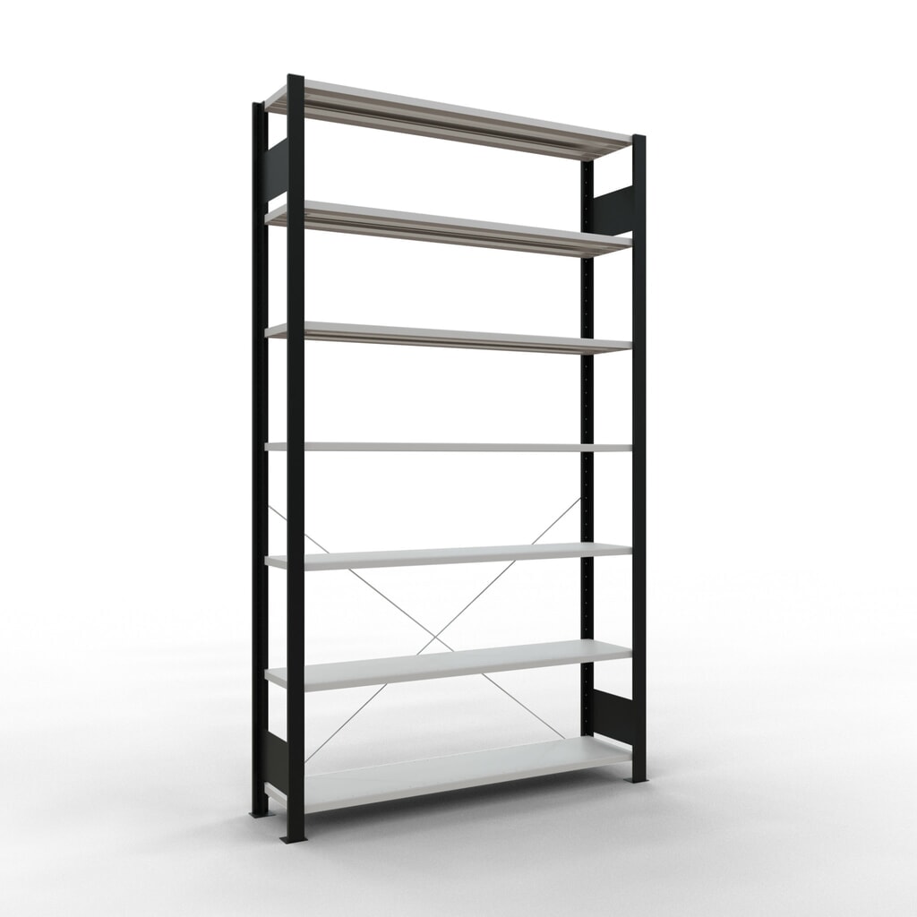 Regál na spisy SCHULTE základní pole, jednostranný, bez koncových dorazů, nosnost police 85 kg, černá, VxŠxH 2300 x 1300 x 300 mm Obrázek produktu: Regál na spisy SCHULTE základní pole, jednostranný, bez koncových dorazů, nosnost police 85 kg, černá, VxŠxH 2300 x 1300 x 300 mm