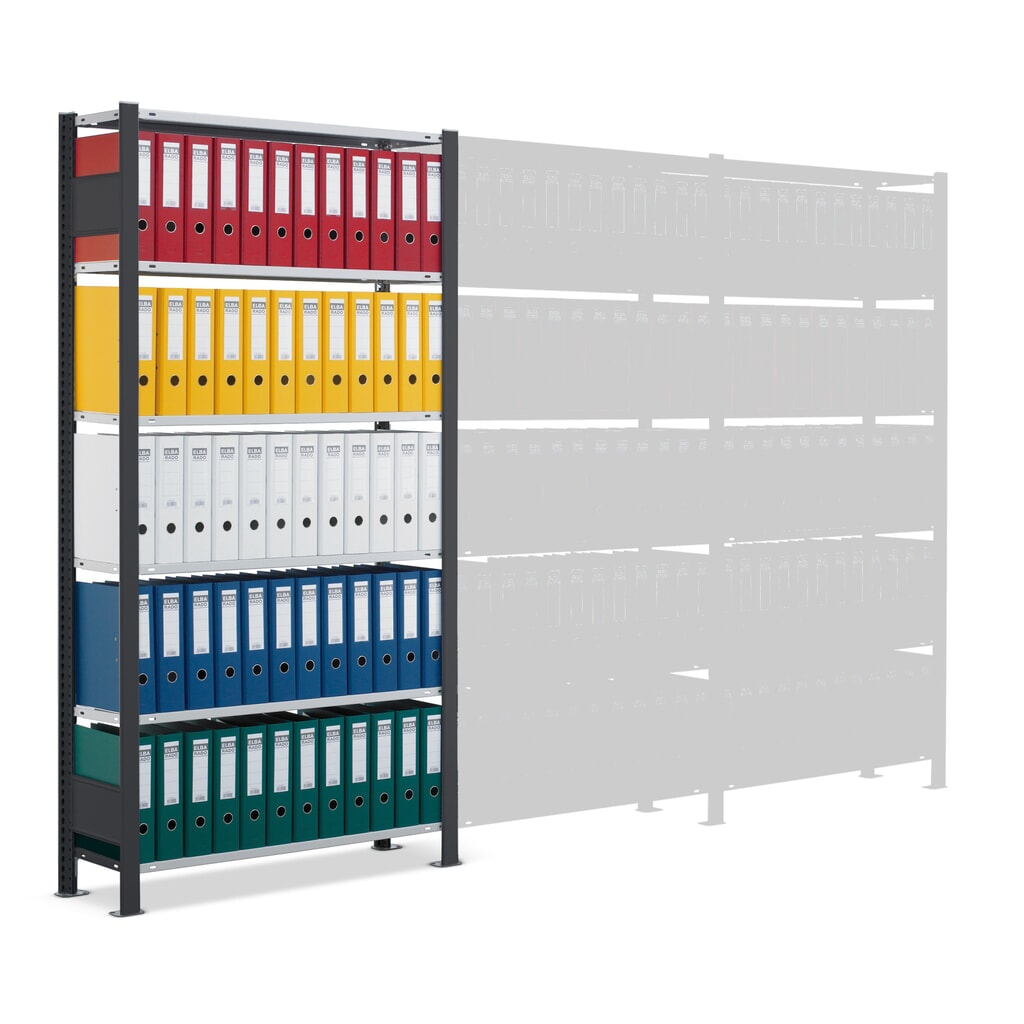 Číslo obrázku produktu 5: Regál na spisy SCHULTE základní pole, jednostranný, s koncovými dorazy, nosnost police 85 kg, černá, VxŠxH 2300 x 750 x 300 mm