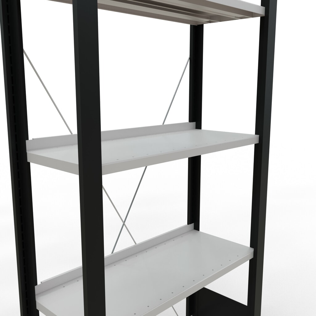 Regál na spisy SCHULTE základní pole, jednostranný, s koncovými dorazy, nosnost police 85 kg, černá, VxŠxH 1800 x 750 x 300 mm Číslo obrázku produktu 4: Regál na spisy SCHULTE základní pole, jednostranný, s koncovými dorazy, nosnost police 85 kg, černá, VxŠxH 1800 x 750 x 300 mm
