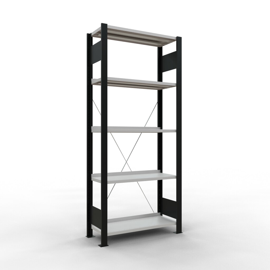 Obrázek produktu: Regál na spisy SCHULTE základní pole, jednostranný, s koncovými dorazy, nosnost police 85 kg, černá, VxŠxH 1800 x 750 x 300 mm