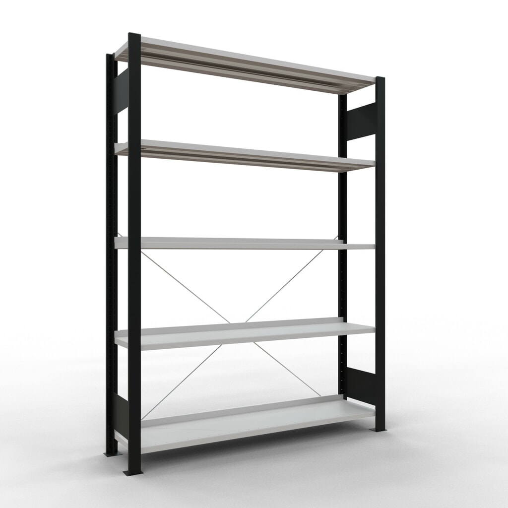 Regál na spisy SCHULTE základní pole, jednostranný, s koncovými dorazy, nosnost police 85 kg, černá, VxŠxH 1800 x 1300 x 300 mm Obrázek produktu: Regál na spisy SCHULTE základní pole, jednostranný, s koncovými dorazy, nosnost police 85 kg, černá, VxŠxH 1800 x 1300 x 300 mm