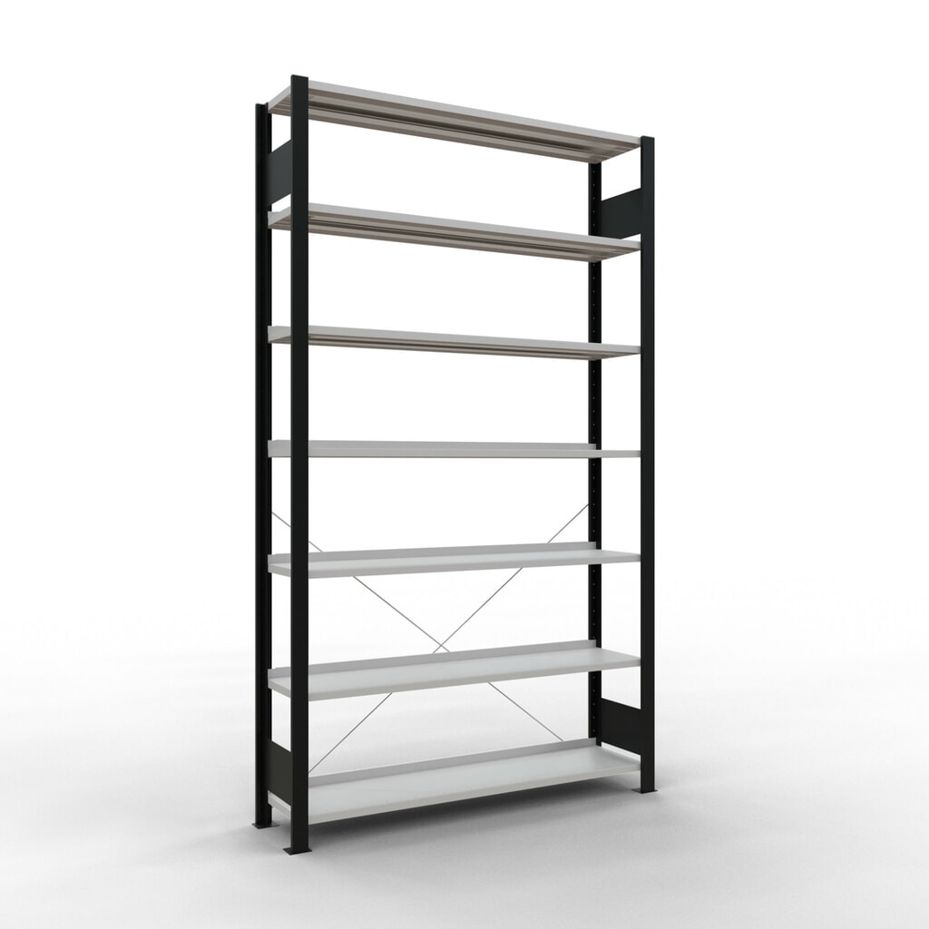 Regál na spisy SCHULTE základní pole, jednostranný, s koncovými dorazy, nosnost police 85 kg, černá, VxŠxH 2300 x 1300 x 300 mm Obrázek produktu: Regál na spisy SCHULTE základní pole, jednostranný, s koncovými dorazy, nosnost police 85 kg, černá, VxŠxH 2300 x 1300 x 300 mm