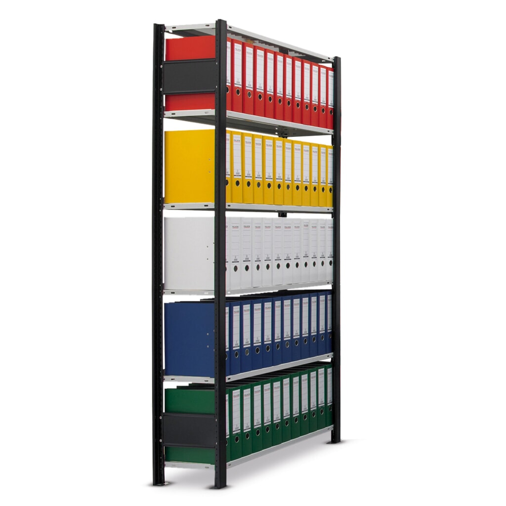 Regál na spisy SCHULTE základní pole, jednostranný, s koncovými dorazy, nosnost police 85 kg, černá, VxŠxH 2300 x 750 x 300 mm Číslo obrázku produktu 2: Regál na spisy SCHULTE základní pole, jednostranný, s koncovými dorazy, nosnost police 85 kg, černá, VxŠxH 2300 x 750 x 300 mm