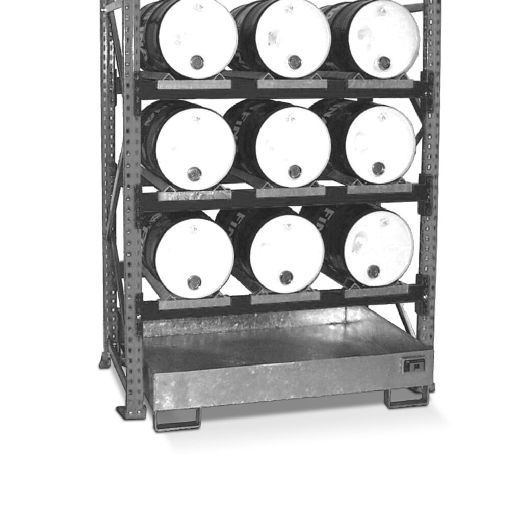 Regál na sudy včetně sběrné vany, základní pole, 3 patra, bez mřížového roštu, 9x 60 l naležato Obrázek produktu: Regál na sudy včetně sběrné vany, základní pole, 3 patra, bez mřížového roštu, 9x 60 l naležato