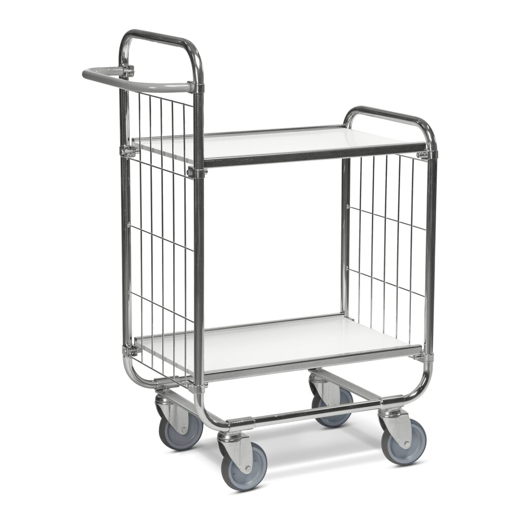 Obrázek produktu: Regálový vozík Kongamek, pozinkovaný, 2 mřížové stěny, vysoká čelní strana, 2 laminované police à 620 x 425 mm