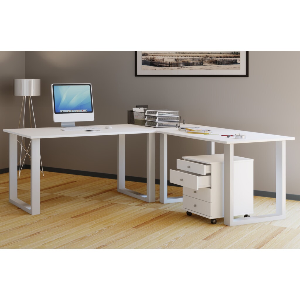Číslo obrázku produktu 2: VCM rohový kancelářský stůl Lona, podnož ve tvaru U, stolní desky ŠxH 2 200 x 800 a 1 900 x 800 mm, bílý