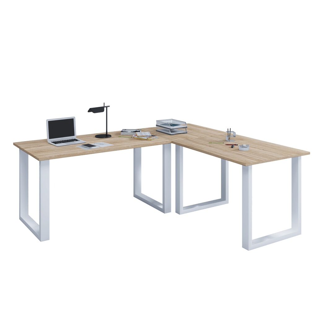 VCM rohový kancelářský stůl Lona, podnož ve tvaru U, stolní desky ŠxH 1 900 x 800 a 1 600 x 800 mm, dub Sonoma Obrázek produktu: VCM rohový kancelářský stůl Lona, podnož ve tvaru U, stolní desky ŠxH 1 900 x 800 a 1 600 x 800 mm, dub Sonoma