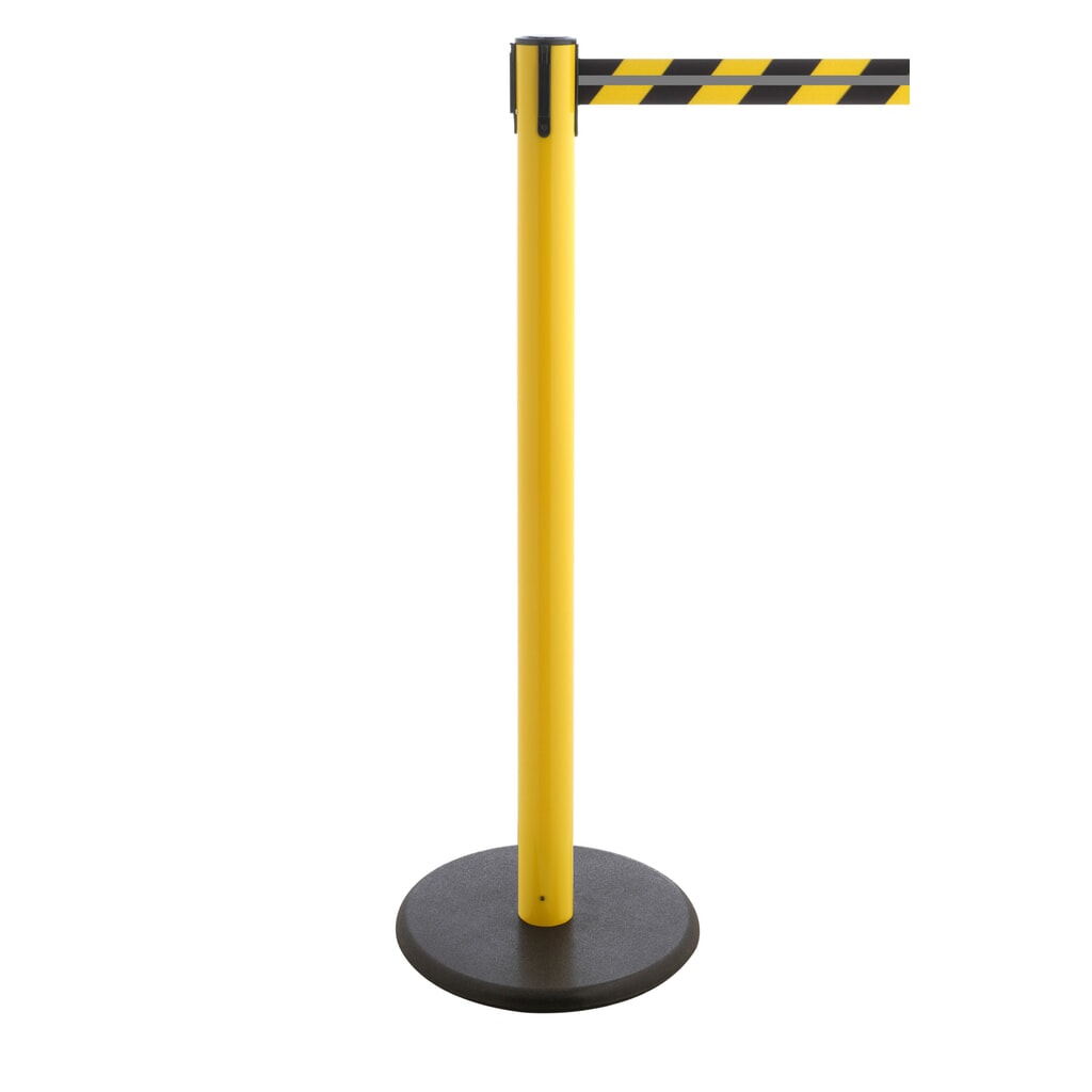 Obrázek produktu: RS-GUIDESYSTEMS® páskový zahrazovací sloupek GLA 28-E REFLECTO, délka 3,5 m, šířka 50 mm, sloupek žlutý, pásek černý/žlutý