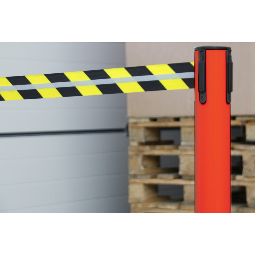 Číslo obrázku produktu 3: RS-GUIDESYSTEMS® páskový zahrazovací sloupek GLA 45-D REFLECTO, délka 3,5 m, šířka 50 mm, sloupek červený, pásek černý/žlutý
