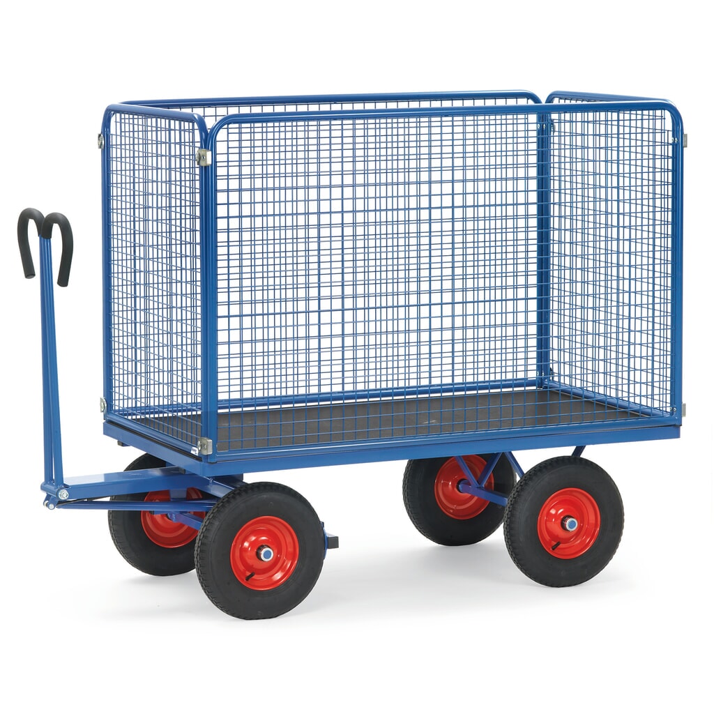 Ruční plošinový vozík fetra® s drátěnými mřížovými bočnicemi V 1 000 mm, ložná plocha 900 x 1600 mm, nosnost 1 000 kg, vzduchem plněné pneumatiky Obrázek produktu: Ruční plošinový vozík fetra® s drátěnými mřížovými bočnicemi V 1 000 mm, ložná plocha 900 x 1600 mm, nosnost 1 000 kg, vzduchem plněné pneumatiky