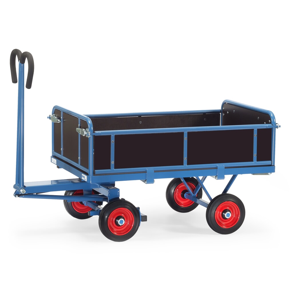 Obrázek produktu: Ruční plošinový vozík fetra® se 3 sklápěcími bočnicemi, ložná plocha 800 x 1200 mm, nosnost 700 kg, kolečka z plné gumy