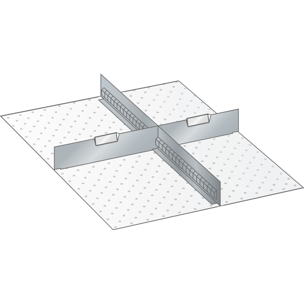 Obrázek produktu: Sada děrovaných nástěnných panelů a dělicích plechových příček LISTA 27x36E, (ŠxH) 459x612 mm, 1 děrovaný nástěnný panel, 2 dělicí plechové příčky, pro výšku čela 75 mm