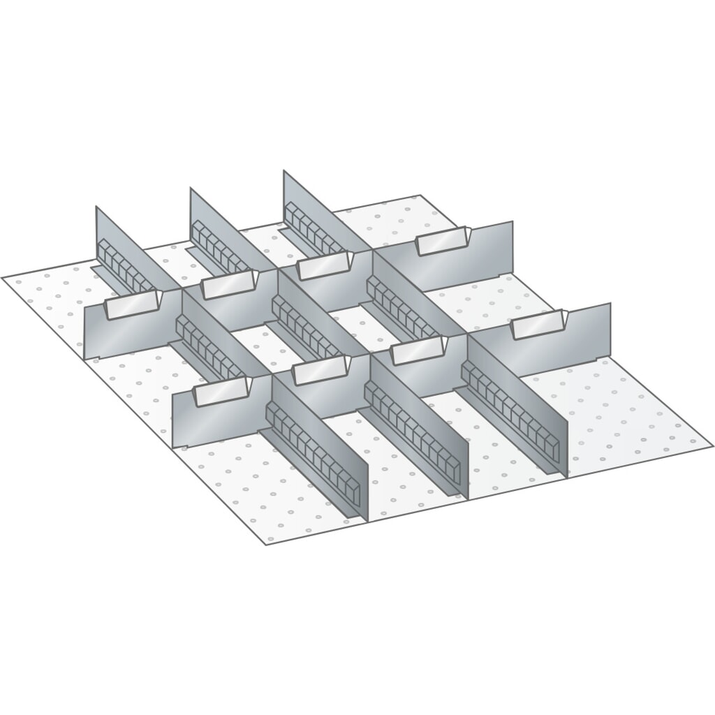 Obrázek produktu: Sada děrovaných nástěnných panelů a dělicích plechových příček LISTA 27x36E, (ŠxH) 459x612 mm, 3 děrované nástěnné panely, 8 dělicích plechových příček, pro výšku čela 50 mm