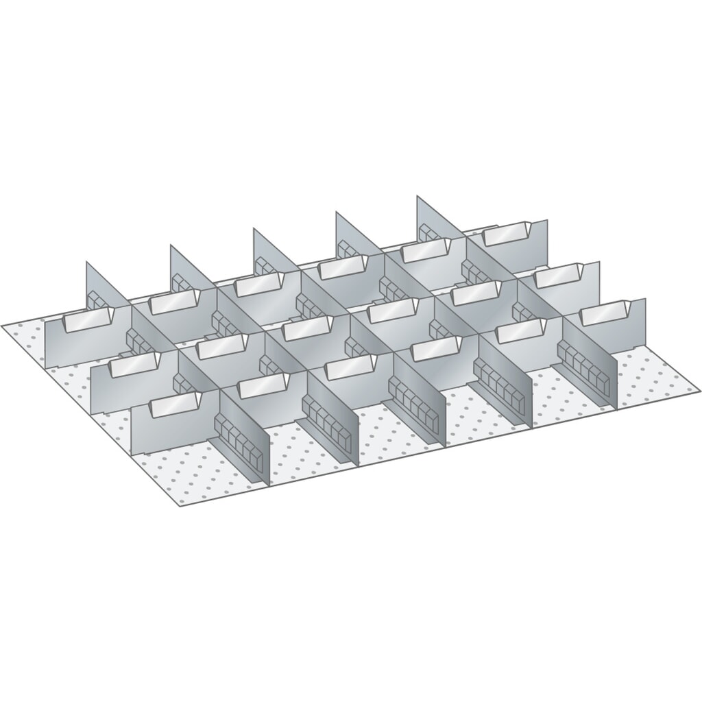 Sada děrovaných nástěnných panelů a dělicích plechových příček LISTA 36x27E, (ŠxH) 612x459 mm, 5 děrovaných nástěnných panelů, 18 dělicích plechových příček, pro výšku čela 50 mm Obrázek produktu: Sada děrovaných nástěnných panelů a dělicích plechových příček LISTA 36x27E, (ŠxH) 612x459 mm, 5 děrovaných nástěnných panelů, 18 dělicích plechových příček, pro výšku čela 50 mm