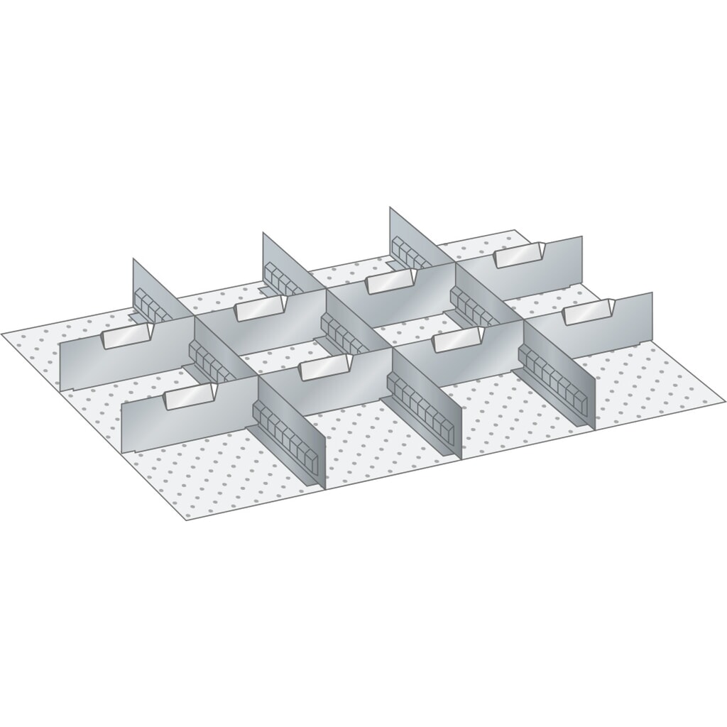 Sada děrovaných nástěnných panelů a dělicích plechových příček LISTA 36x27E, (ŠxHxVV) 612x459x75 mm, 3 děrované nástěnné panely, 8 dělicích plechových příček Obrázek produktu: Sada děrovaných nástěnných panelů a dělicích plechových příček LISTA 36x27E, (ŠxHxVV) 612x459x75 mm, 3 děrované nástěnné panely, 8 dělicích plechových příček