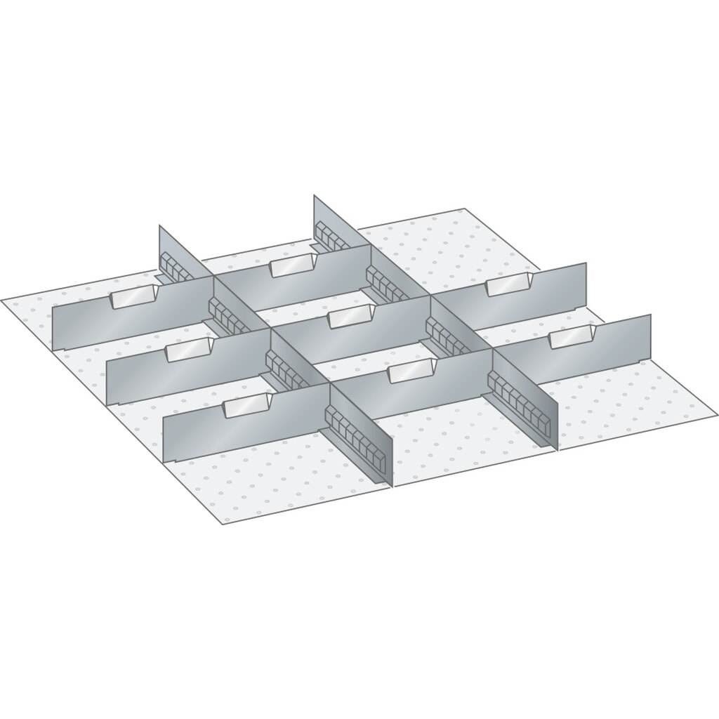 Sada děrovaných nástěnných panelů a dělicích plechových příček LISTA 36x36E, (ŠxH) 612x612 mm, 2 děrované nástěnné panely, 8 dělicích plechových příček, pro výšku čela 75 mm Obrázek produktu: Sada děrovaných nástěnných panelů a dělicích plechových příček LISTA 36x36E, (ŠxH) 612x612 mm, 2 děrované nástěnné panely, 8 dělicích plechových příček, pro výšku čela 75 mm