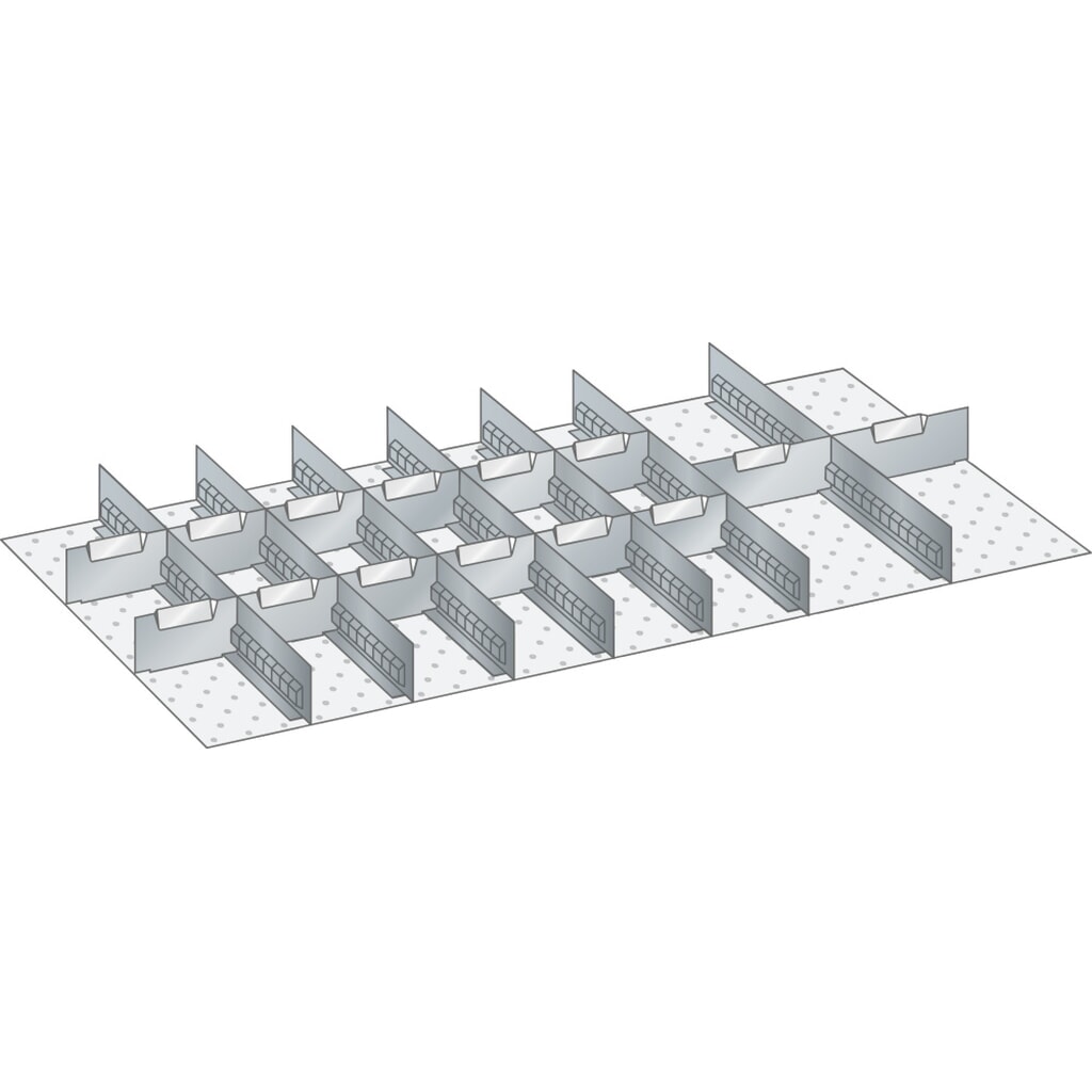 Sada děrovaných nástěnných panelů a dělicích plechových příček LISTA 54x27E, (ŠxH) 918x459 mm, 7 děrovaných nástěnných panelů, 14 dělicích plechových příček, pro výšku čela 50 mm Obrázek produktu: Sada děrovaných nástěnných panelů a dělicích plechových příček LISTA 54x27E, (ŠxH) 918x459 mm, 7 děrovaných nástěnných panelů, 14 dělicích plechových příček, pro výšku čela 50 mm