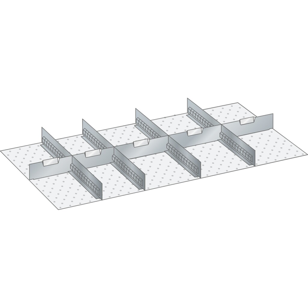 Obrázek produktu: Sada děrovaných nástěnných panelů a dělicích plechových příček LISTA 54x27E, (ŠxH) 918x459 mm, 4 děrované nástěnné panely, 5 dělicích plechových příček, pro výšku čela 50 mm