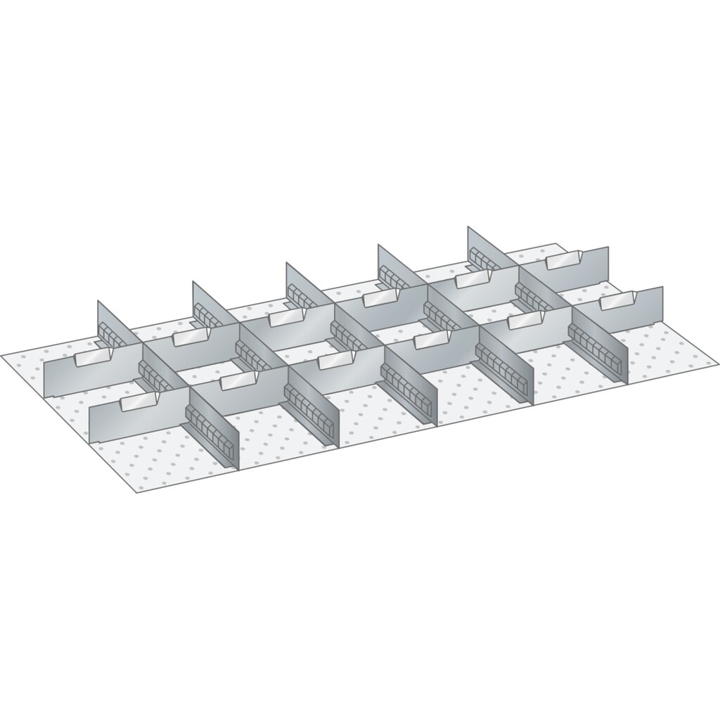 Sada děrovaných nástěnných panelů a dělicích plechových příček LISTA 54x27E, (ŠxH) 918x459 mm, 5 děrovaných nástěnných panelů, 12 dělicích plechových příček, pro výšku čela 50 mm Obrázek produktu: Sada děrovaných nástěnných panelů a dělicích plechových příček LISTA 54x27E, (ŠxH) 918x459 mm, 5 děrovaných nástěnných panelů, 12 dělicích plechových příček, pro výšku čela 50 mm