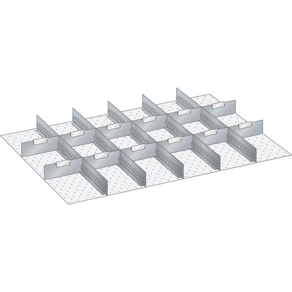 Obrázek produktu: Sada děrovaných nástěnných panelů a dělicích plechových příček LISTA 54x36E, (ŠxH) 918x612 mm, 5 děrovaných nástěnných panelů, 12 dělicích plechových příček, pro výšku čela 250 mm
