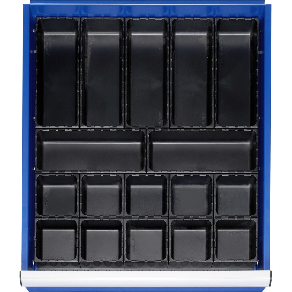 Obrázek produktu: Sada přepážek RAU do zásuvek, V×Š×H 48 × 490 × 560 mm, s deskou na dno zásuvky a 10 boxy, velikost L, pro výšku čela 60-360 mm