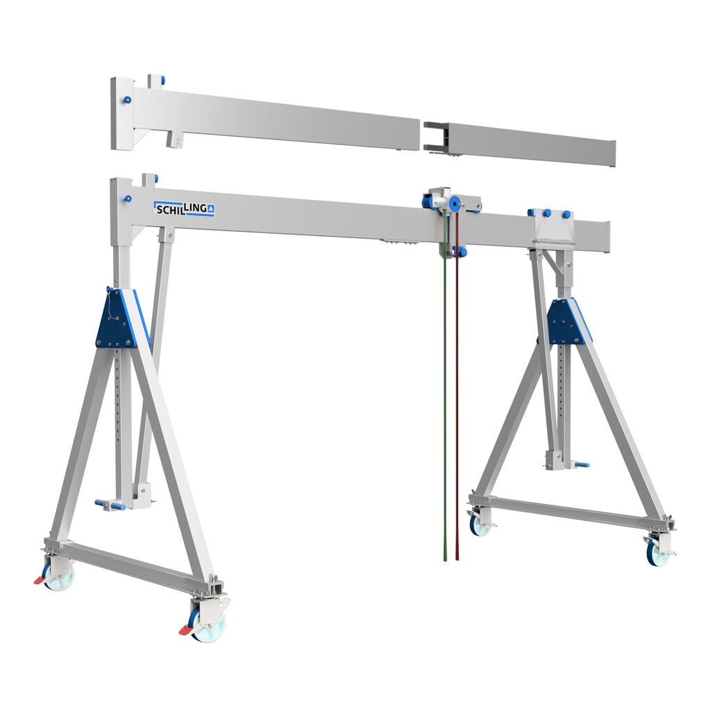 SCHILLING hliníkový portálový jeřáb s dělitelným nosníkem, pojízdný, celková výška max. 2560 mm, nosnost 500 kg Obrázek produktu: SCHILLING hliníkový portálový jeřáb s dělitelným nosníkem, pojízdný, celková výška max. 2560 mm, nosnost 500 kg