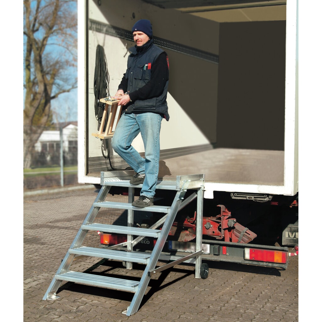 Schody s plošinou KRAUSE®, pojízdné, šířka stupně 1000 mm, výška při postavení 0,60 m Obrázek produktu: Schody s plošinou KRAUSE®, pojízdné, šířka stupně 1000 mm, výška při postavení 0,60 m