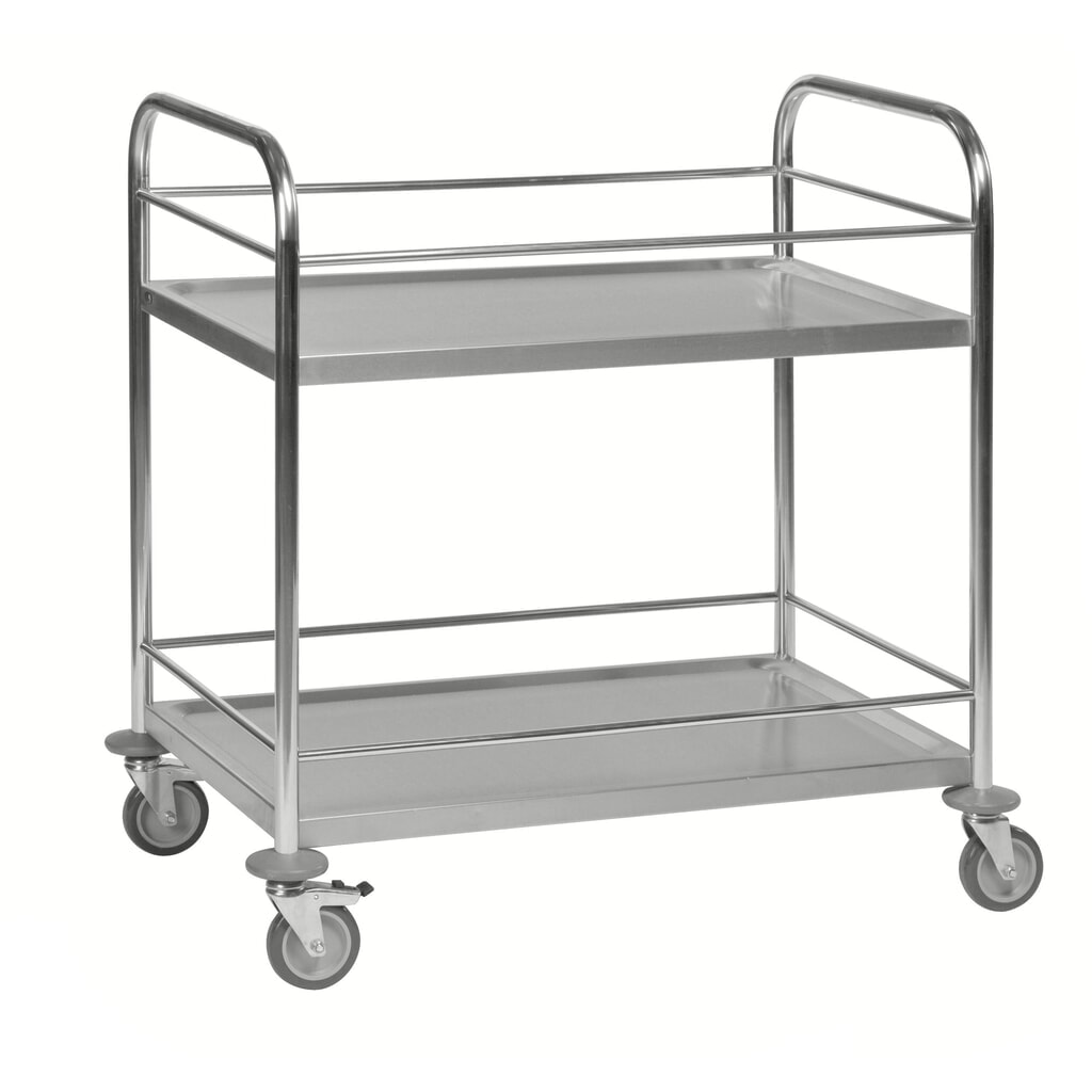 Servírovací vozík Kongamek z ušlechtilé oceli, 2 police, VxŠxH 940 x 590 x 910 mm, ochranná tyč Obrázek produktu: Servírovací vozík Kongamek z ušlechtilé oceli, 2 police, VxŠxH 940 x 590 x 910 mm, ochranná tyč