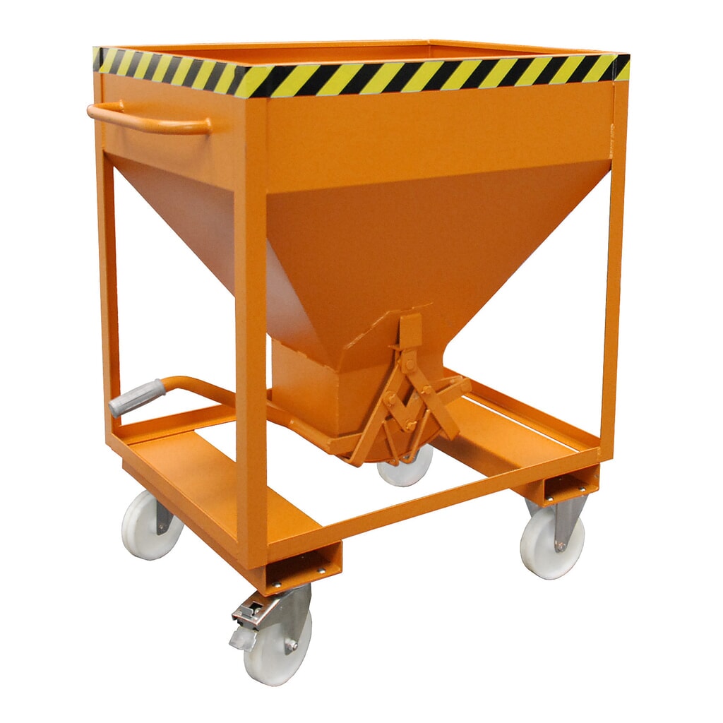 Silo Bauer® s nůžkovým zavíráním, vidlicové kapsy + kolečka, lakované provedení, objem 0,375 m³, RAL 2000, žlutooranžová Obrázek produktu: Silo Bauer® s nůžkovým zavíráním, vidlicové kapsy + kolečka, lakované provedení, objem 0,375 m³, RAL 2000, žlutooranžová